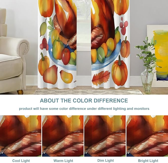 Shrahala Turkey Pumpkin Thanksgiving Thermal Insulated Blackout Window Curtains, Watercolor Fruits Delicious Food Pears Long Drapes for Bedroom/Living Room with Plastic Grommet, 52X84 Set of 2