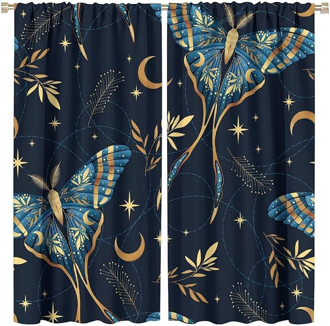 Witchy Curtains, Goth Curtains, Moth Decor, Star Curtains, Moth Curtains Darkening Curtains Botanical Curtains for Bedroom Living Room W52xL84 Inch