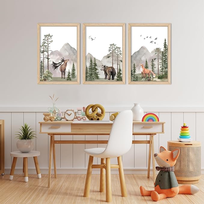 Woodland Nursery Animal Wall Art 16x24 3pc, Deer Bear Fox Boys Room Decor | Rustic Wood Framed Forest Mountain Watercolor Prints Set of 3, Toddler Boys, Kids Bedroom, Playroom & Nursery Nature Decor
