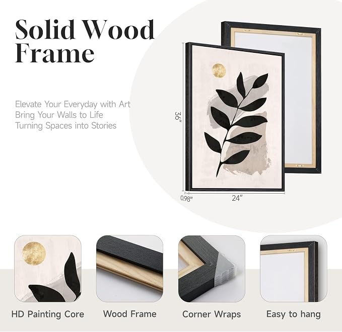 3 Piece Framed Black and White Boho Wall Art for Living Room, Large Abstract Botanical Plant Canvas Prints Paintings, Minimalist Leaf and Geometric Artwork for Dining Room Bedroom 24x36 Inch