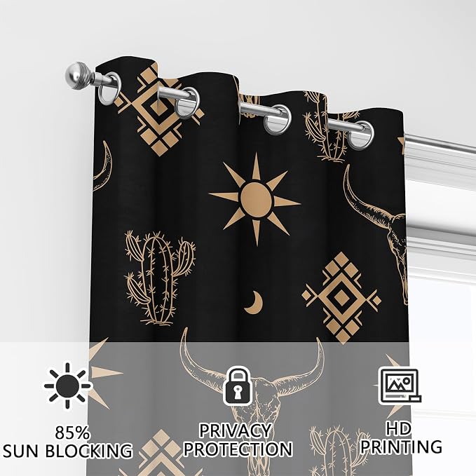 Western Cow Skull Curtains, Black Gold West Aztec Blackout Curtains Room Darkening Grommets Western Drapes, Window Curtains for Living Room Bedroom Decor 2 Panels 52x84 Inch