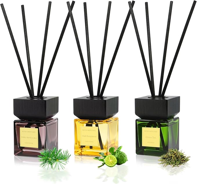 Reed Diffuser Set of 3, 50ml | White Birch Cedar & Oud Bergamot & Green Tea Tree Essential Oil, 15 Diffuser Sticks, Hotel Collection Bathroom Air Fresheners