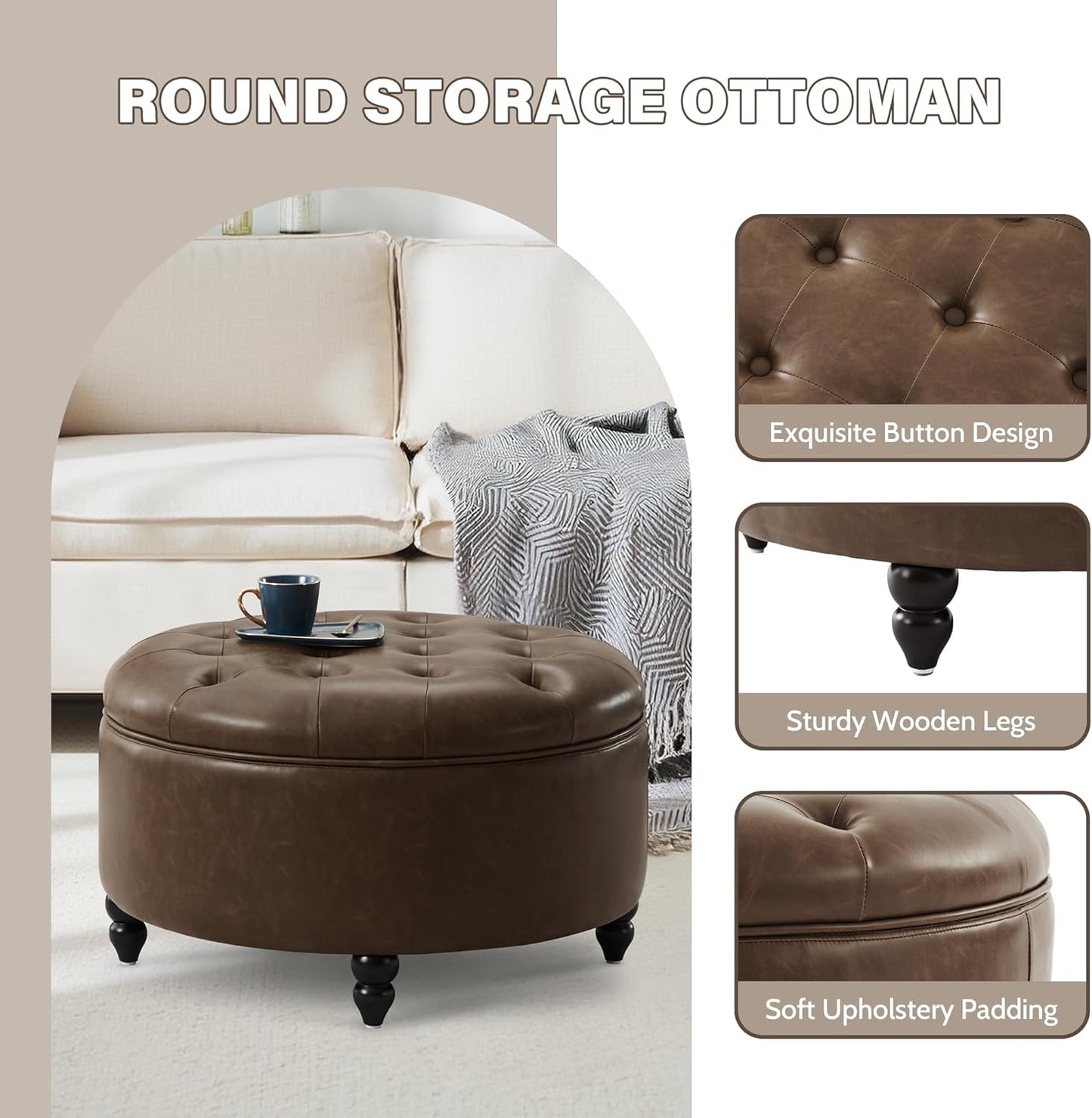 30-Inch Large Round Ottoman, Faux Leather Coffee Table with Removable Lid Top, Upholstered Footrest Modern Button Circle Storage Ottoman for Living Room, Office, PU Coffee