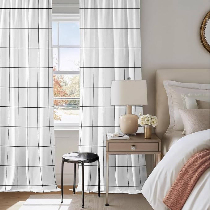 Black and White Curtains,Plaid Curtains 84 Inches Long for Living Room Bedroom,Farmhouse Rustic Gingham Checkered Rod Pocket Light Filtering Modern Woven Stripes Privacy Drapes 2 Panels