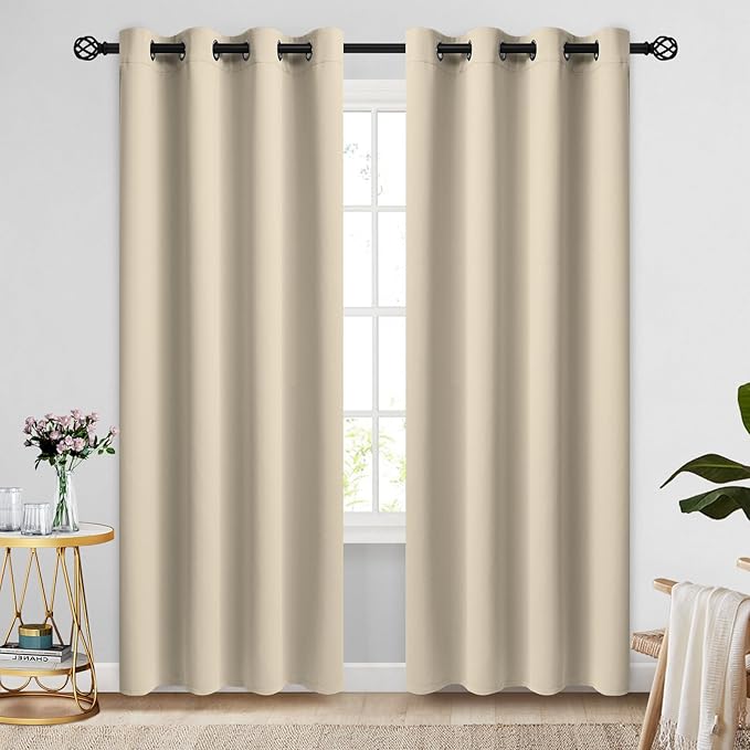 COSVIYA Grommet Blackout Room Darkening Curtains 84 inch Length 2 Panels,Thick Polyester Light Blocking Insulated Thermal Window Curtain Drapes for Bedroom/Living Room,Beige 52x84 inches