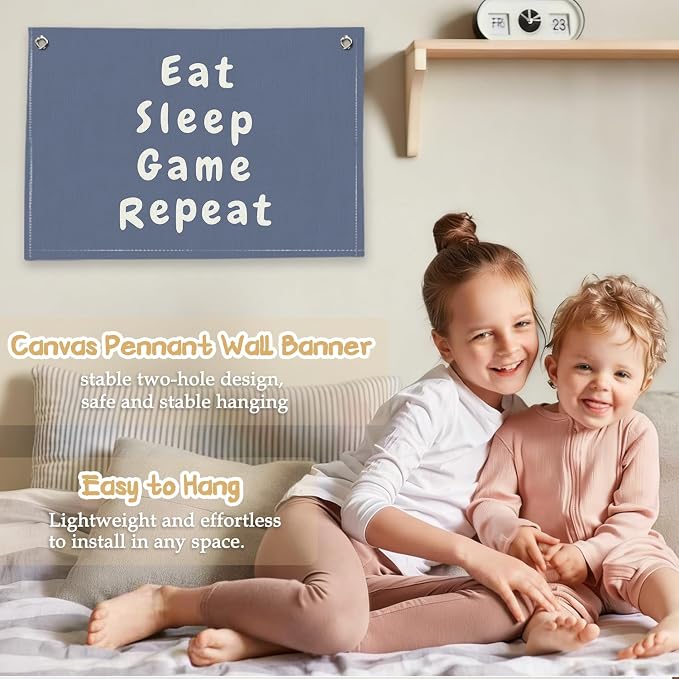 RTXLEZM Game Room Decor, Eat Sleep Game Repeat Canvas Banner | Preppy Navy Blue Gaming Wall Hanging for Kids Toddler Boys Nursery Room Bedroom Playroom Decor, 20x30 Inch