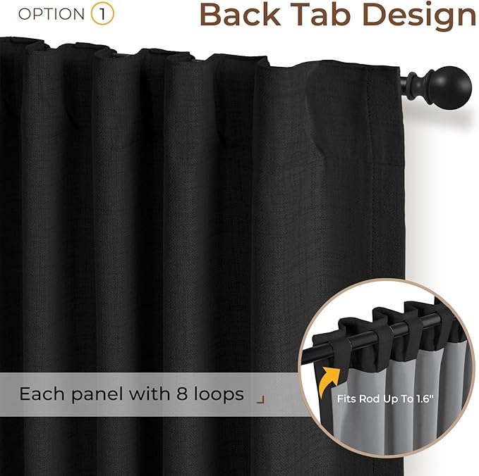 INOVADAY 100% Blackout Curtains 84 Inches Length 2 Panels Set, Back Tab/Rod Pocket Linen Black Out Curtains for Bedroom, Thermal Insulated Window Drapes - Black, W50 X L84
