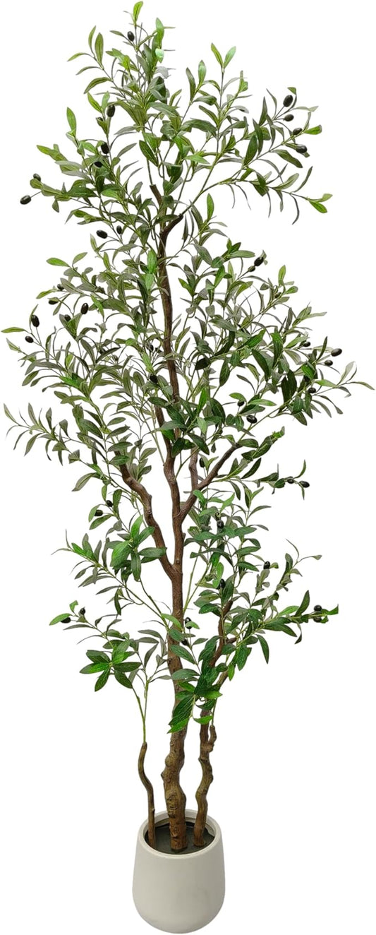 7FT Artificial Olive Tree with White Planter, Silk Fake Plants with Three Thick Trunk and Lifelike Fruits, Indoor Outdoor Fake Large Tree for Home Office Living Room Decor