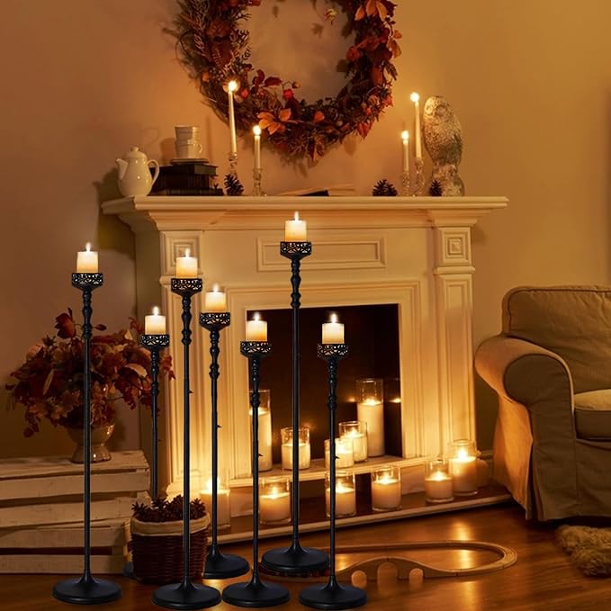 Metal Candlestick Floor Pillar Candleholder Tall Metal Candelabra Candlesticks Holder Black Floor Candle Holder Centerpieces for Wedding Thanksgiving Christmas Home Mantel Decor(9 Pcs)