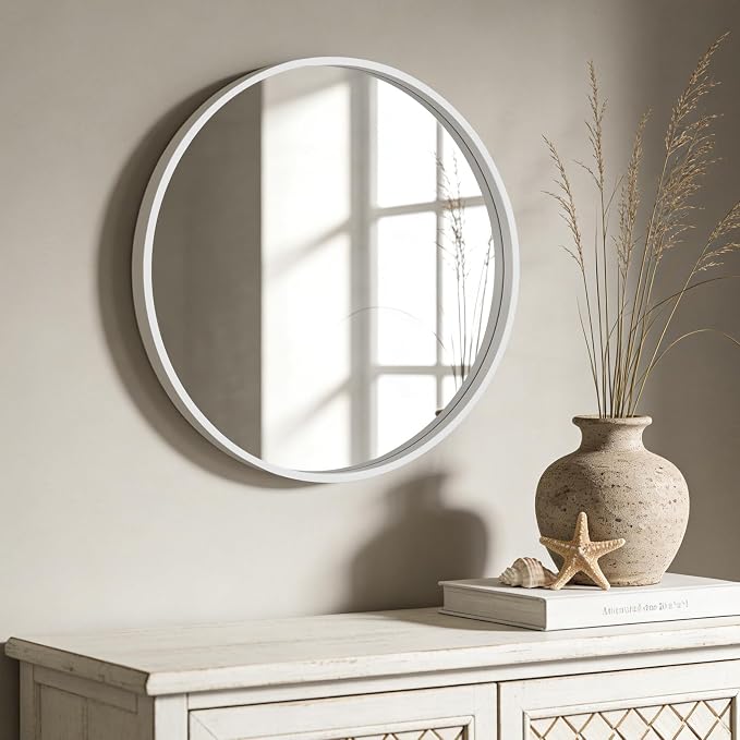 WallBeyond Round Wood Mirror 24 inch Circle Wall Mirror for Bathroom Round Wall Mirror for Wall Decor, Vanity, Entryway Living Room (White)