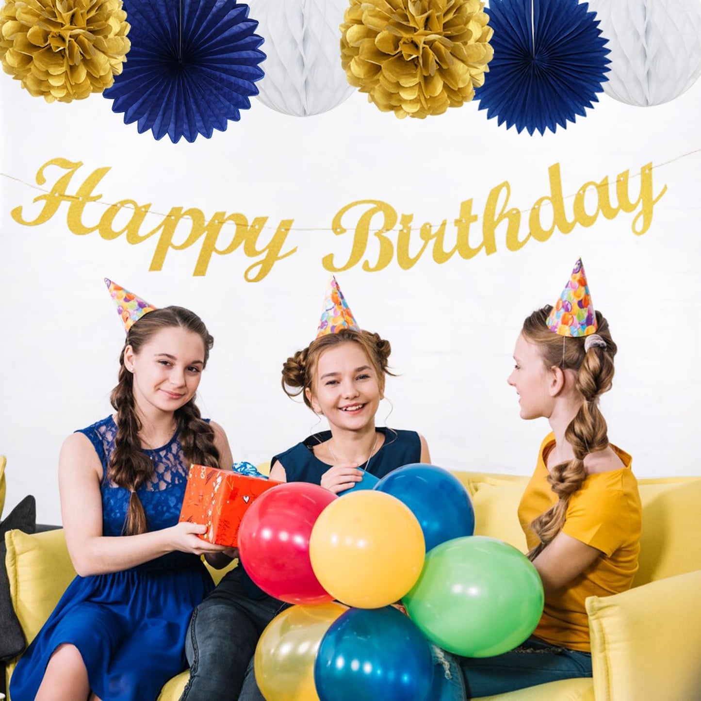 Navy-Blue Gold Birthday Party-Decorations Paper-Flowers - 14pcs Happy Banner Royal Lanterns Tissue Pom Poms,Men Streamers Garland Fans Honeycomb,Teen Boys Male Kids Hanging Supplies Decor Hugfond