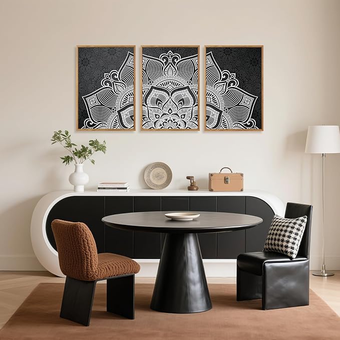 CHDITB Lotus Flower Framed Canvas Wall Art Set, Mandala Wall Decor for Yoga Room, Black and White Spiritual Wall Painting, Vintage Meditation Art Prints for Zen Living Room, Bedroom, Office 16"x24"x3