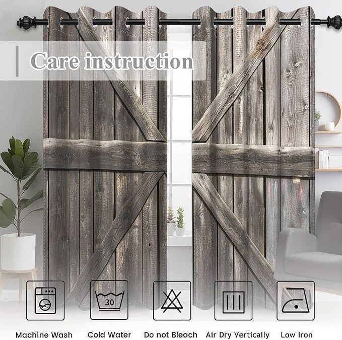 Rustic Barn Door Window Curtains Farmhouse Grey Wooden Door Garage Door Blackout Window Treatment for Living Room Bedroom Rural Farm Style Room Darkening Window Drapes,53x72 inch,2 Panels