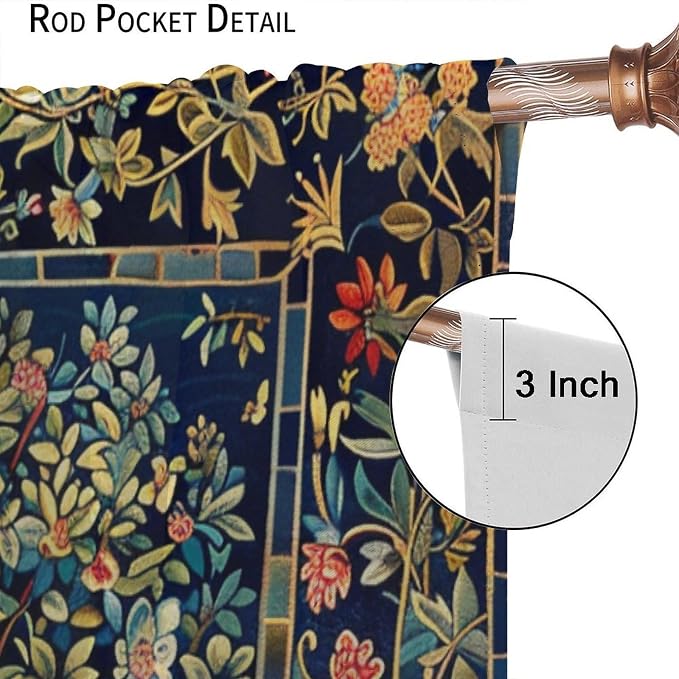 William Morris Flower Blackout Curtains, Rustic Colorful Forest Tree of Life Floral Window Drapes, for Bedroom Living Room 42" W X 54" L