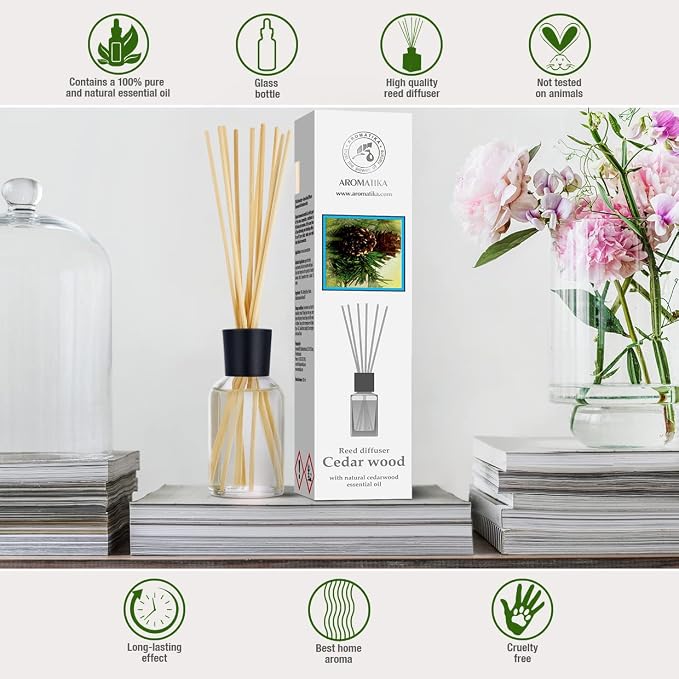 Cedarwood Reed Diffuser 3.4 Fl Oz - Scented Reed Diffuser Gift Set - Best for Aromatherapy - Home - Room Air Fresheners - Cedarwood Essential Oil - by Aromatika (Pack of 2)