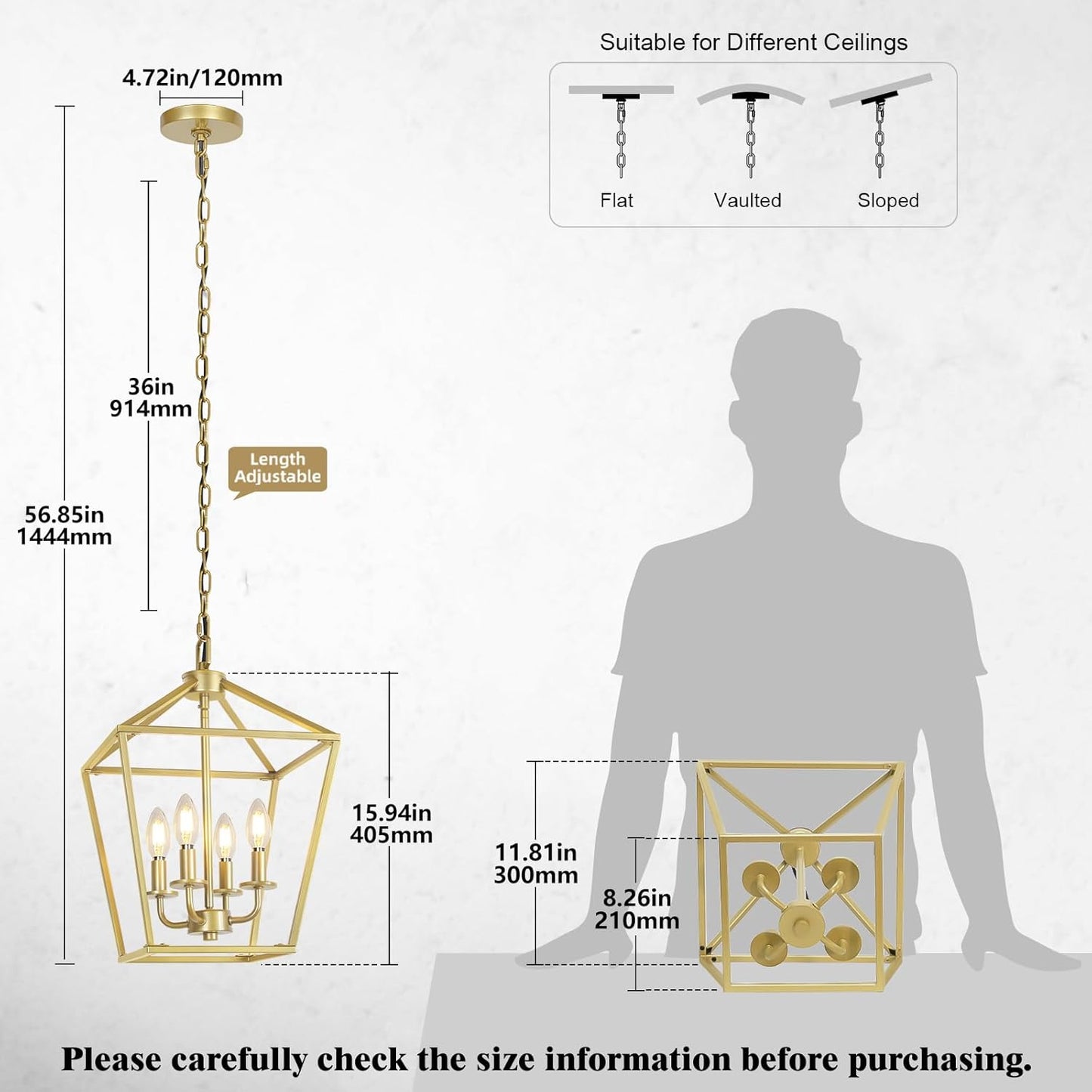 4 Light Gold Chandelier, Industrial Ceiling Light Lantern Light Fixtures with Farmhouse Metal Cage Adjustable Height Rustic Geometric Hanging Light E12 Base for Kitchen Island, Entryway, Indoor