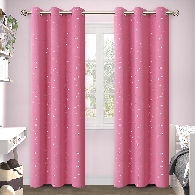 BGment Pink Star Blackout Curtains for Kid's Bedroom - Grommet Thermal Insulated Room Darkening Printed Curtains for Girl Room, Set of 2 Panels, 38 x 84 Inch