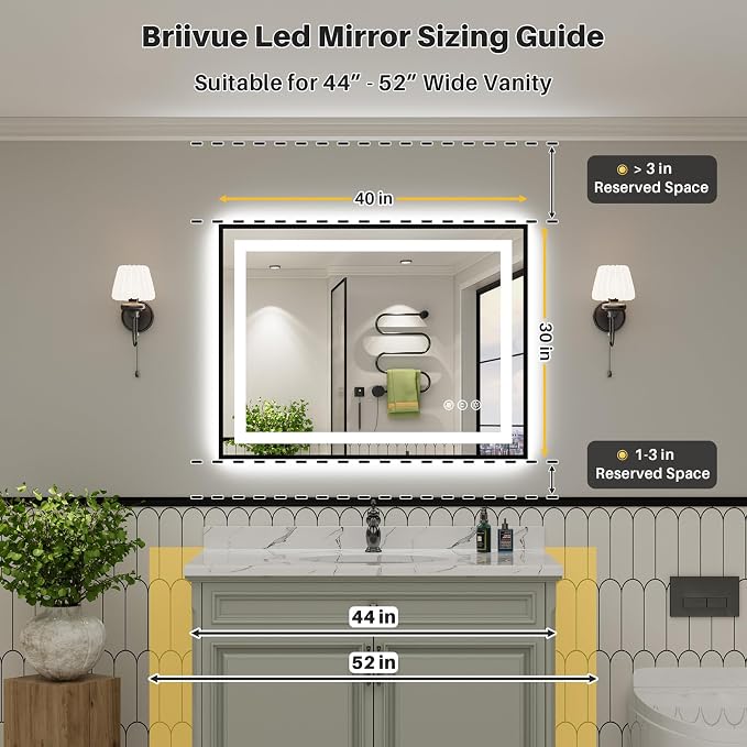40x30 Inch LED Bathroom Mirror with Black Frame, Backlit & Front Lit, Anti-Fog Lighted Bathroom Vanity Mirror for Wall, Memory Function, Dimmable, HD Tempered Glass, Shatter-Proof