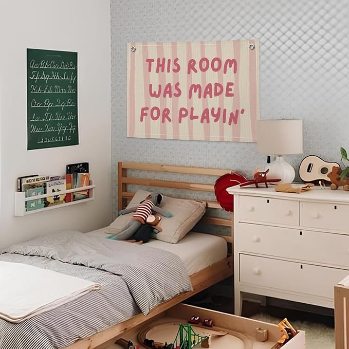 Playroom Decor Wall Banner "This Room Was Made For Playin'" 20x30 Inch - Nursery Canvas Art, Kids Bedroom Hanging, Linen Toddler Play Area Sign, Children's Canvas Flag Decor - Pink