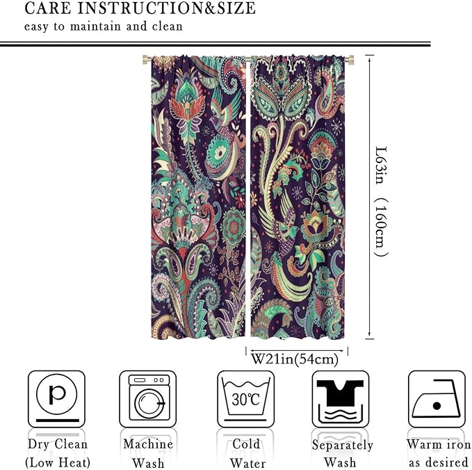 Boho Curtains, Traditional Geometric Ethnic Style Beautiful Floral Pattern, Blackout Curtains Living Room Bedroom Dim Room, 2 Panel Set, 42x63 in.