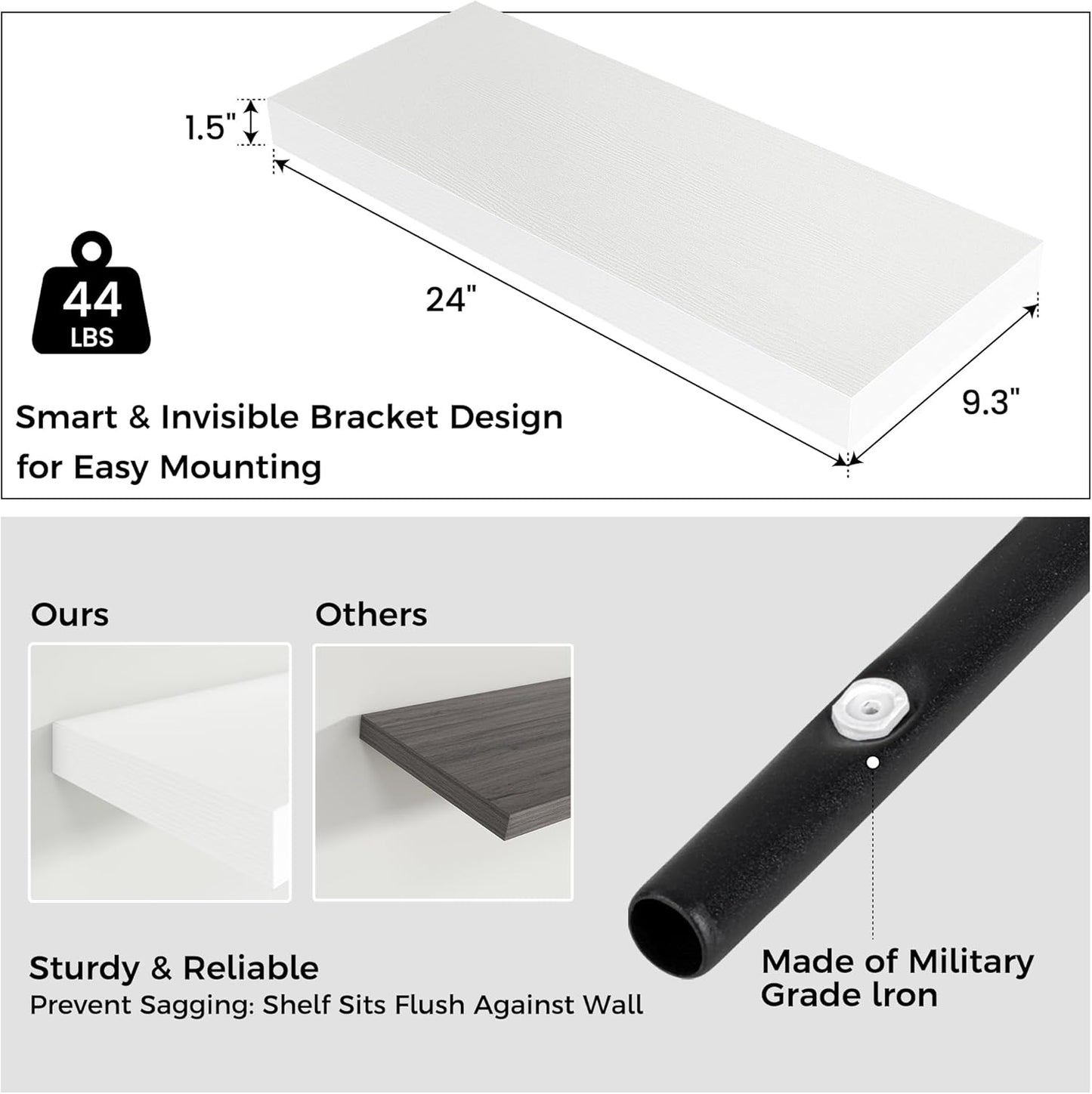 Floating Shelves - 2 Large Wall Mounted Shelves with Invisible Brackets, Long Wood Floating Wall Shelf for Living Room, Bedroom, Kitchen (White, 24" W x 9" D x 1.5" H)