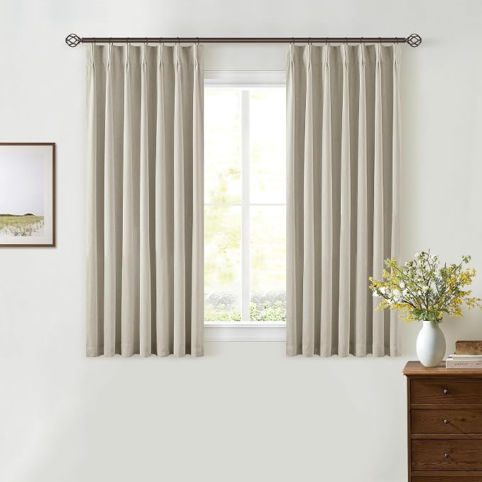 Beige Linen Blackout Curtains 45 Inch Length 2 Panels Pinch Pleated Back Tab Short Curtains for Kitchen with 100% Blackout Liner Neutral Farmhouse Drapes for Basement Thermal Insulated Oatmeal Drape