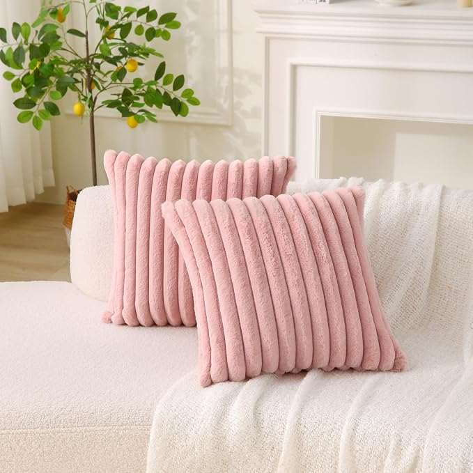 Decorative Throw Pillow with Inserts, Set of 2 Soft Faux Fur Throw Pillows, Square Boho Striped Pillow for Couch, Bed, Sofa Decor (Pink, 18" x 18"(Pack of 2))