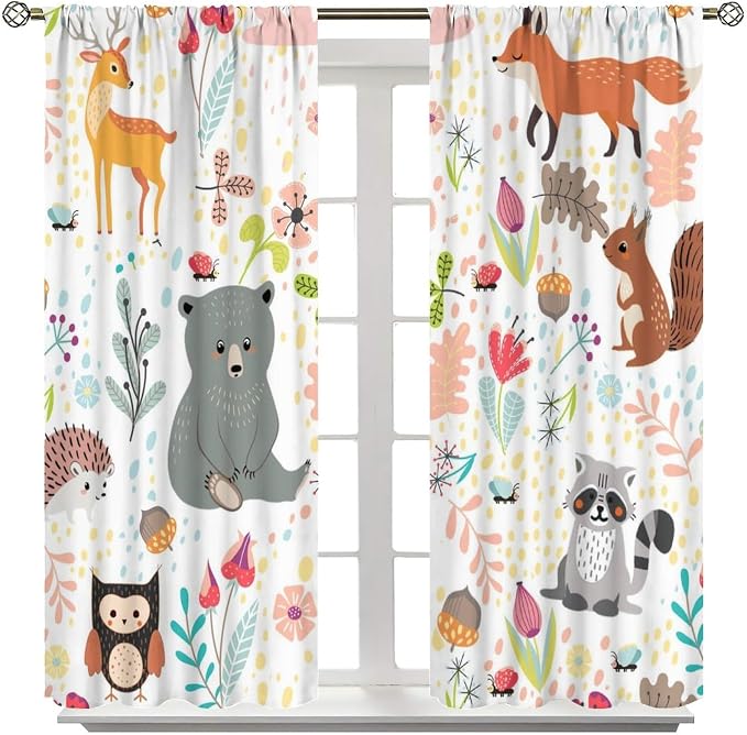 Rustic Animal Curtains, Wild Forest Animal Bear Fox Deer Kids Window Treatments for Living Room Bedroom, Farmhouse Woodland Blackout Drapes 2 Panel Sets, 63x72 Inch