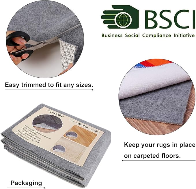Non Slip Rug Pad Grippers - Square 4x4 Ft, 1/8" Thick, (Felt + Rubber) Double Layers Area Carpet Mat Tap, Provides Protection and Cushioning for Hardwood or Tile Floors