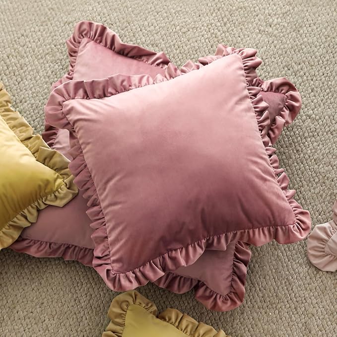 ISAENNE Vintage Dark Peach Square Throw Pillow Covers 22"x22" Set of 2, Solid Color Farmhouse Velvet Decoration Pillow Cover with Ruffles,Throw Pillow Case for Couch Sofa Bed Living Room Car