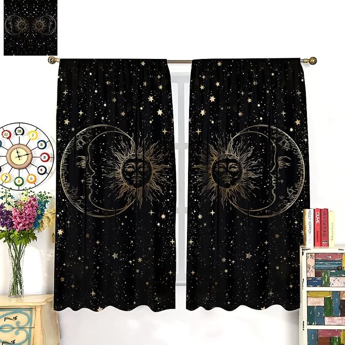 Sun Moon Blackout Windows Curtains, Golden Sun Moon and Stars Black Sky on Bohemian Style Curtains, for Living Room Bedroom 52x84in 2 Panels