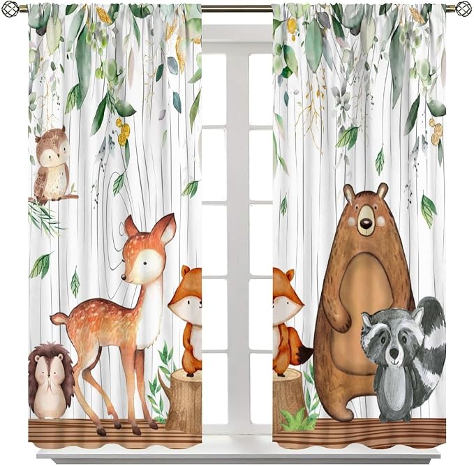 Forest Animal Curtains, Watercolor Wild Animal Bear Fox Deer Kids Window Treatments for Living Room Bedroom,Green Woodland Tree Kids Drapes 2 Panel Sets,55x63 Inch