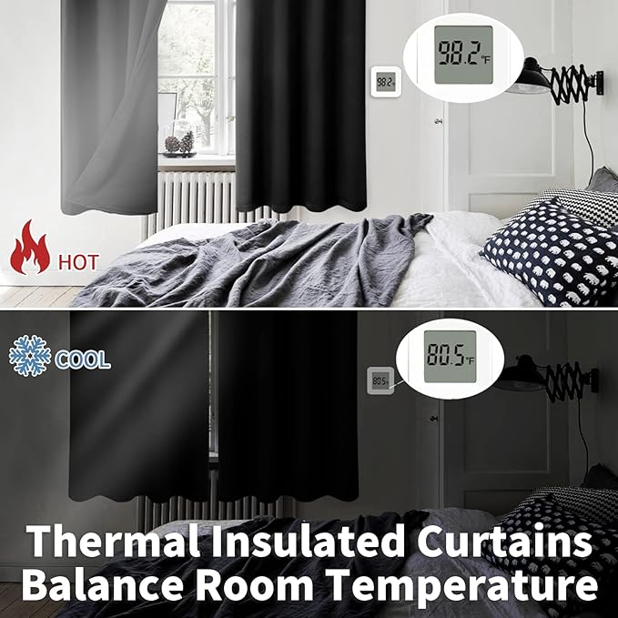 BGment Thermal Insulated 100% Blackout Curtains for Bedroom with Black Liner, Double Layer Full Room Darkening Noise Reducing Grommet Curtain (52 x 63 Inch, Black, 2 Panels)