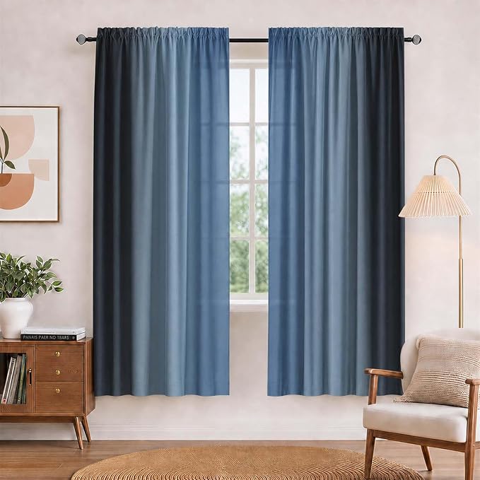 Navy Blue and Black Curtains for Living Room 63 Inch Length Ombre Curtains 2 Panel Bedroom Black and Blue Curtains Rod Pocket Light Filtering Window Curtain Modern Gradient Drapes