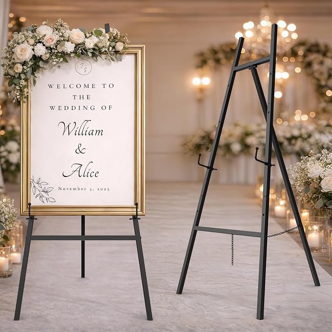 Easel Stand for Sign, Heavy Duty Metal Display Easel with Adjustable Chain, 4-Tier Art Easel for Painting, Wedding Sign, Posters & Commercial Display (Black)