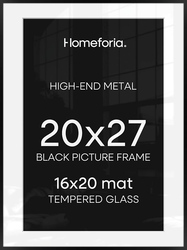 Homeforia 20x27 Picture Frame Black, High End Metal 20x27 Poster Frames with Mat 16x24 for Photo, 20 x 27 Black Frame Matted to 16 x 24 inch Print, 27x20 Thin Frame, Tempered Glass, Wall Kit, Set of 2