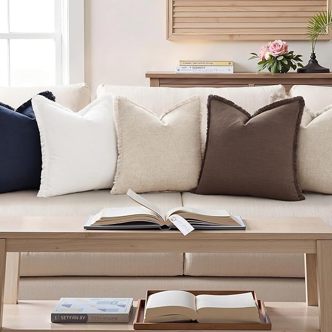 decorUhome Summer Decorative Neutral Linen Fringe Euro Sham Throw Pillow Covers Set of 2 Navy Blue Pillow Covers with Tassels Soft Farmhouse Boho Accent Pillow Cases for Couch Bed Sofa 24x24 Inch