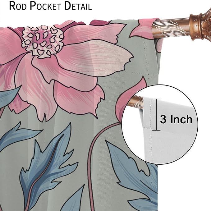 Floral Blackout Window Curtain, Flourish Ornamental Blossom Rose Style Print for Home Kitchen Livingroom Coffee Room Curtains Drapes 2 Panels 63x63in