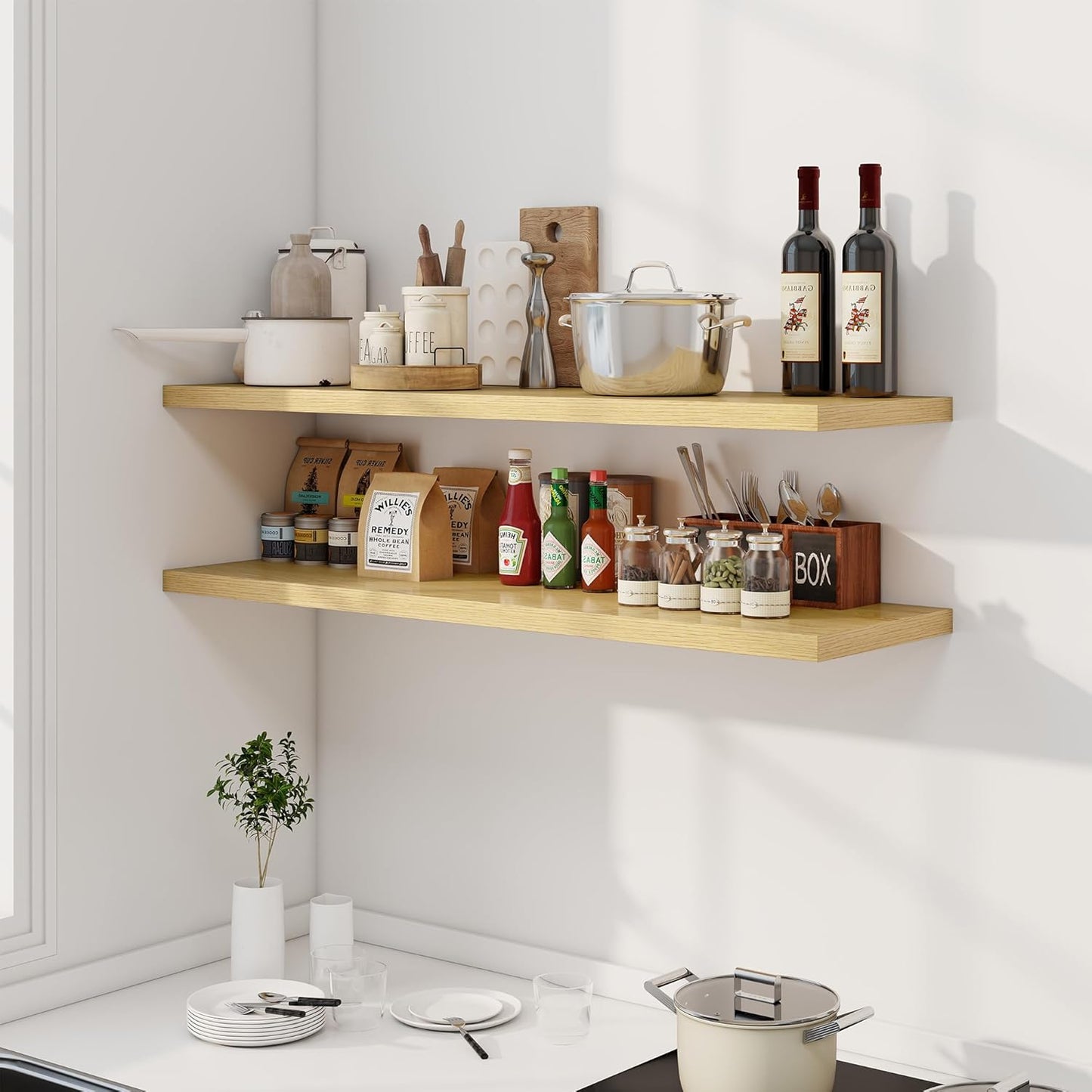 48" Floating Shelves for Wall, 12" Deep Slim Oak Floating Shelves, Wall-Mounted Shelves for Bedroom, Living Room, Kitchen, Bathroom - Set of 2