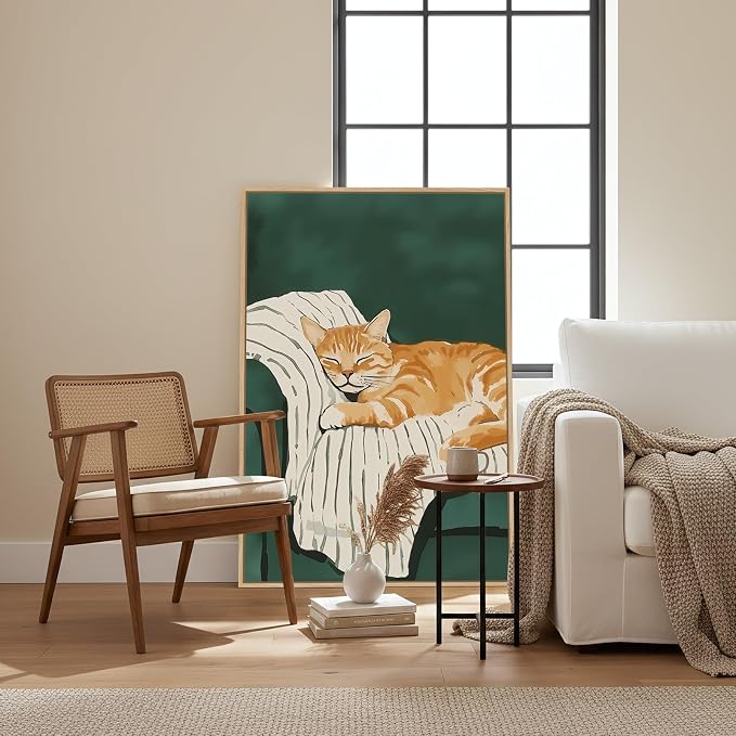 Framed Animal Wall Art for Bedroom Wall, Large Cozy Orange Tabby Cat Canvas Painting for Room Decor, Cute Pet Artwork for Walls, Relaxing Picture Print for Nursery Hallway Wall Decor, 24x36 Inch