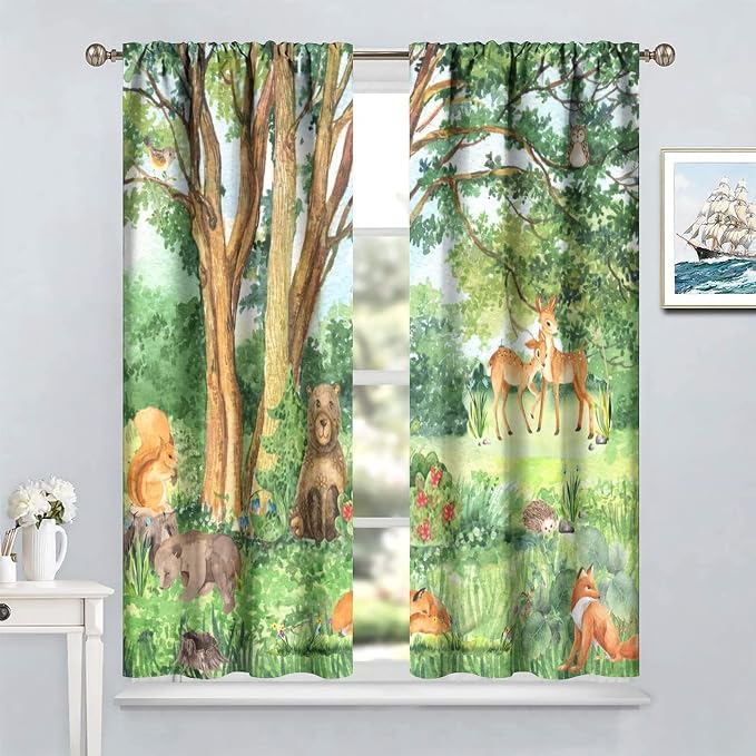 YCness Forest Animal Curtains, Watercolor Wild Animal Bear Fox Deer Kids Window Treatments for Living Room Bedroom,Green Woodland Tree Kids Drapes 2 Panel Sets,42x45 Inch