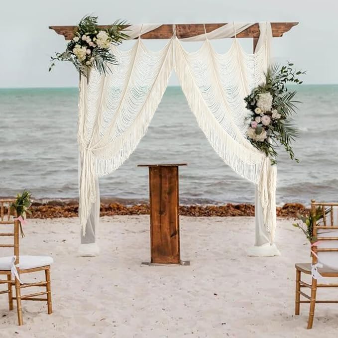 2 Panels Macrame Curtains 59" W x 75" H Boho Doorway Curtains Window Curtains Wall Hanging Handmade Fiber Yarn Art Woven Headboard Decor for Bedroom Living Room