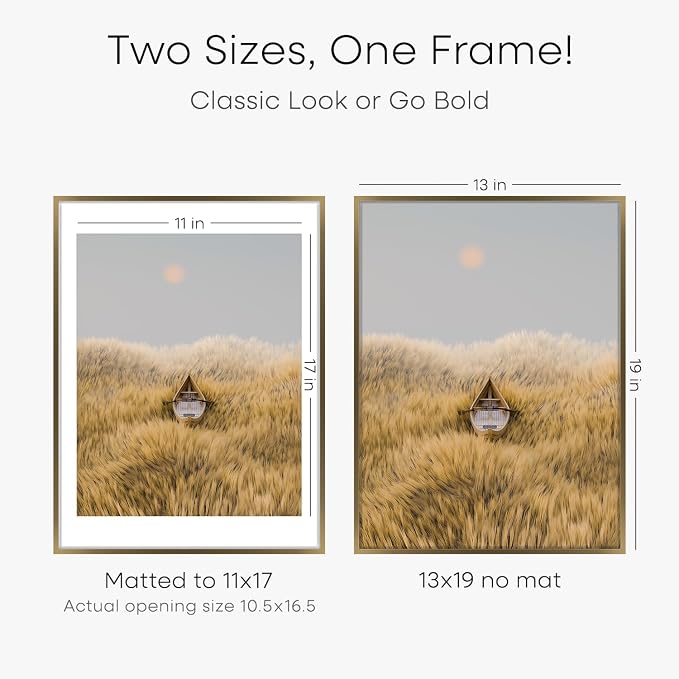 Homeforia 13x19 Picture Frame Bronze, High End Metal 13x19 Brass Poster Frames with Mat 11x17 for Photo, 13 x 19 Frame Matted to 11 by 17 Print, 19x13 Hanging Frame, Tempered Glass, Wall Kit, Set of 2