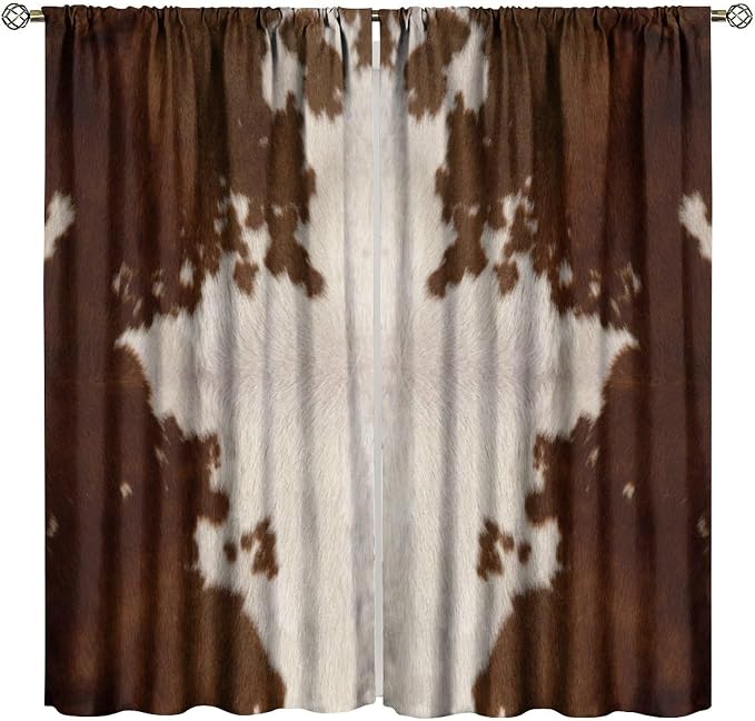Cowhide Blackout Curtains, Rustic Farm Brown White Cowhide Animal Fur Western Rod Pocket Curtain Window Treatments 2 Panels Drapes for Dining Room Office Living Room Deocr 63" W X 72" L