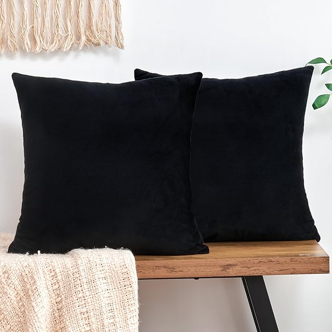 Throw Pillow Covers Decorative Velvet Set of 2 20x20 Inch Pillow Covers, Soft Black Pillowcases for Couch Sofa Bed Living Room, Farmhouse Home Boho Decor, Square Accent Cushion Covers
