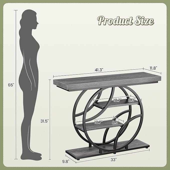Huuger 41.3 Inch Entryway Table, Modern Console Sofa Table, Accent Table with Shelves, for Entry, Hallway, Entrance, Foyer, O-Shaped Metal Frame, Light Grey