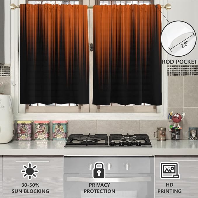 AAtter Orange and Black Kitchen Curtains, Ombre 27.5" W x 36" L, 2 Panels | Terracotta Modern Rod Pocket Drapes, Dark Abstract Striped Style, Trendy Anime Design, Small Short Bathroom Window Tiers