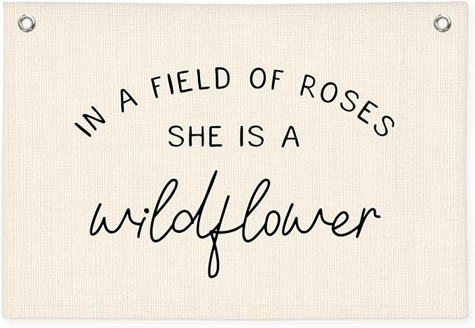 Wildflower Nursery Decor, Girls Room Decor - In a Field Full of Roses She Is a Wildflower Pink Linen Banner Flag for Little Girl Baby Girl - Black