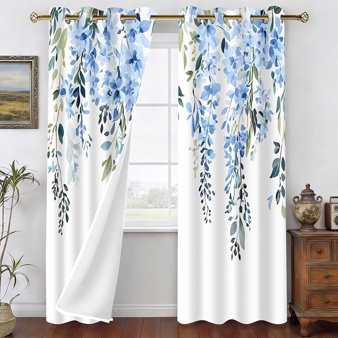 Blue Watercolor Floral Curtains, Botanical Leaves Vine Flowers Curtain, Rustic Farmhouse Flower Leaf Blackout Window Treatment Drapes for Bedroom Living Room 42x90 inch, 2 Panels