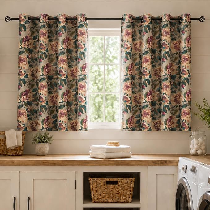 ALIGOGO Floral Kitchen Curtains 54 Inch Length, Cottage Semi-Blackout Flower Curtains for Small Window, Light Filering Grommet Floral Drapes 2 Panels, 50W x 54L Inch, Taupe